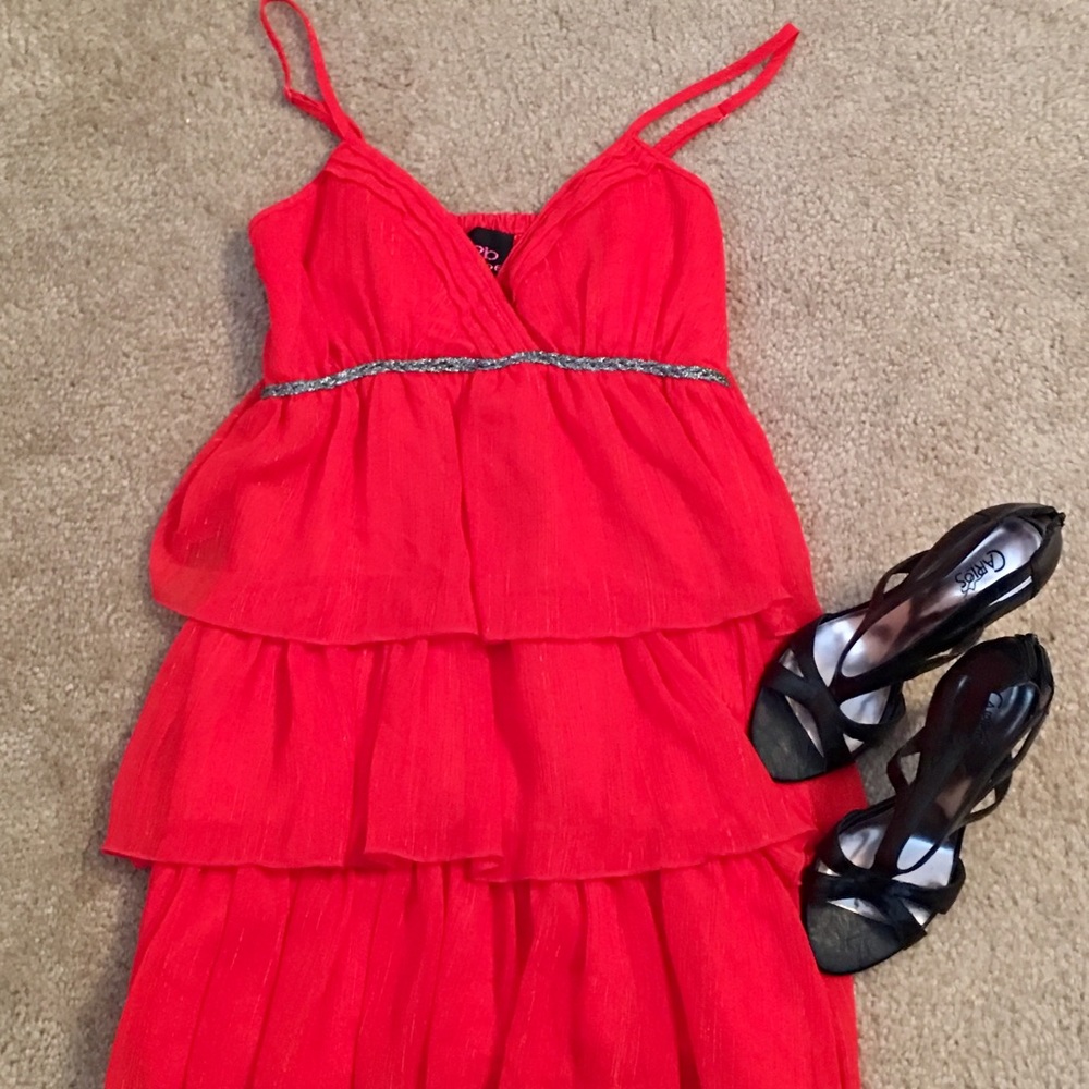 Red Bebe dress with tiered ruffle